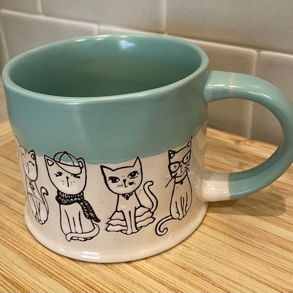 Fisher Cat-Themed Stoneware  Mug - Teal and White